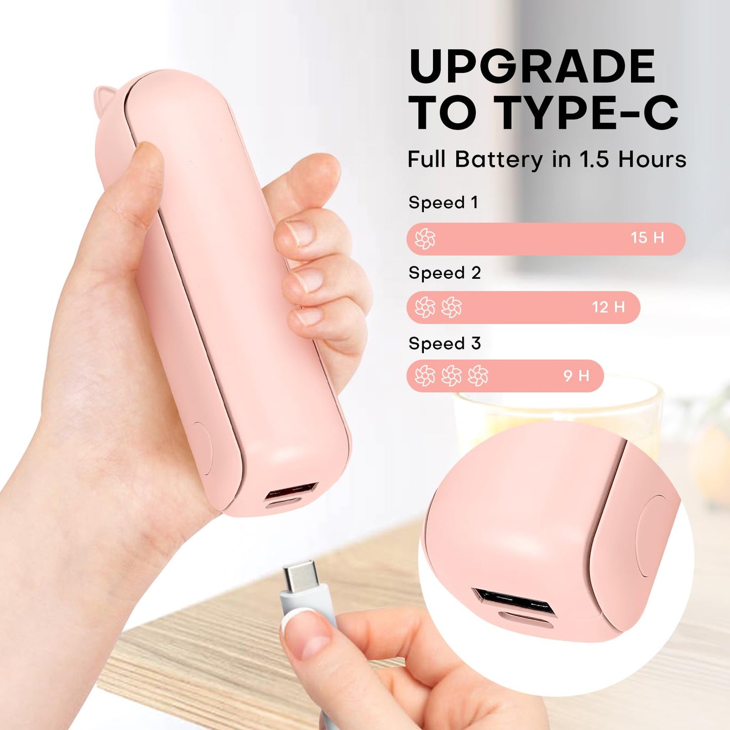 OHLGT Mini Ventilador Portátil: Silencioso, Recargable y Power Bank (9-15h)