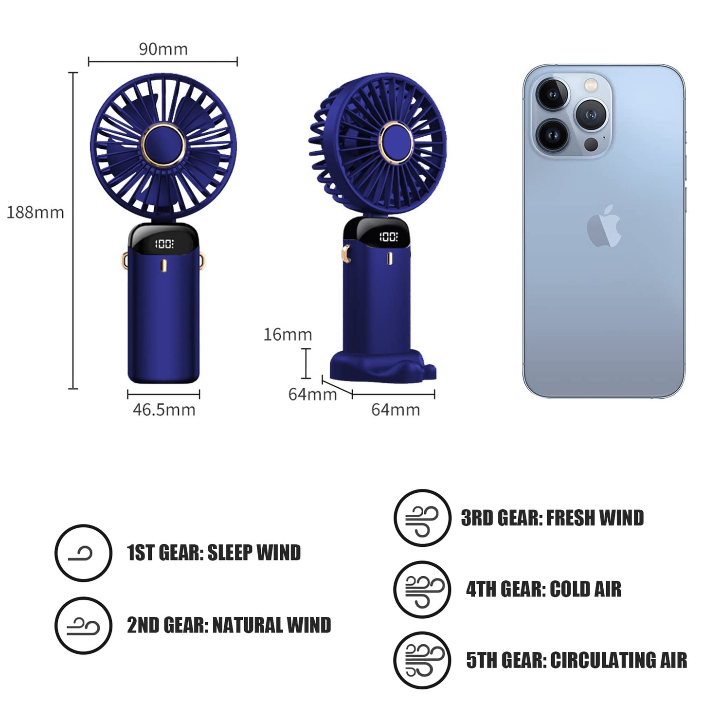 Jsdoin Mini Ventilador de Mano Portátil USB, Bolsillo de 5 Velocidades con Base, Ventilador Plegable de Escritorio para Oficina, Viajes, Negro (Azul Oscuro)
