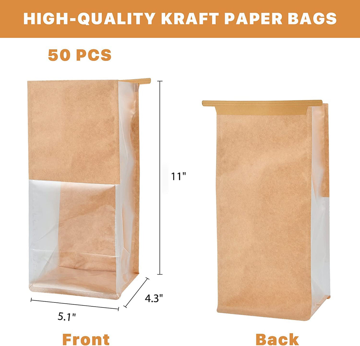 Eco Bakery Bread Bags with Window | 50-Pack Kraft Paper 5.1″ × 4.3″ × 11″