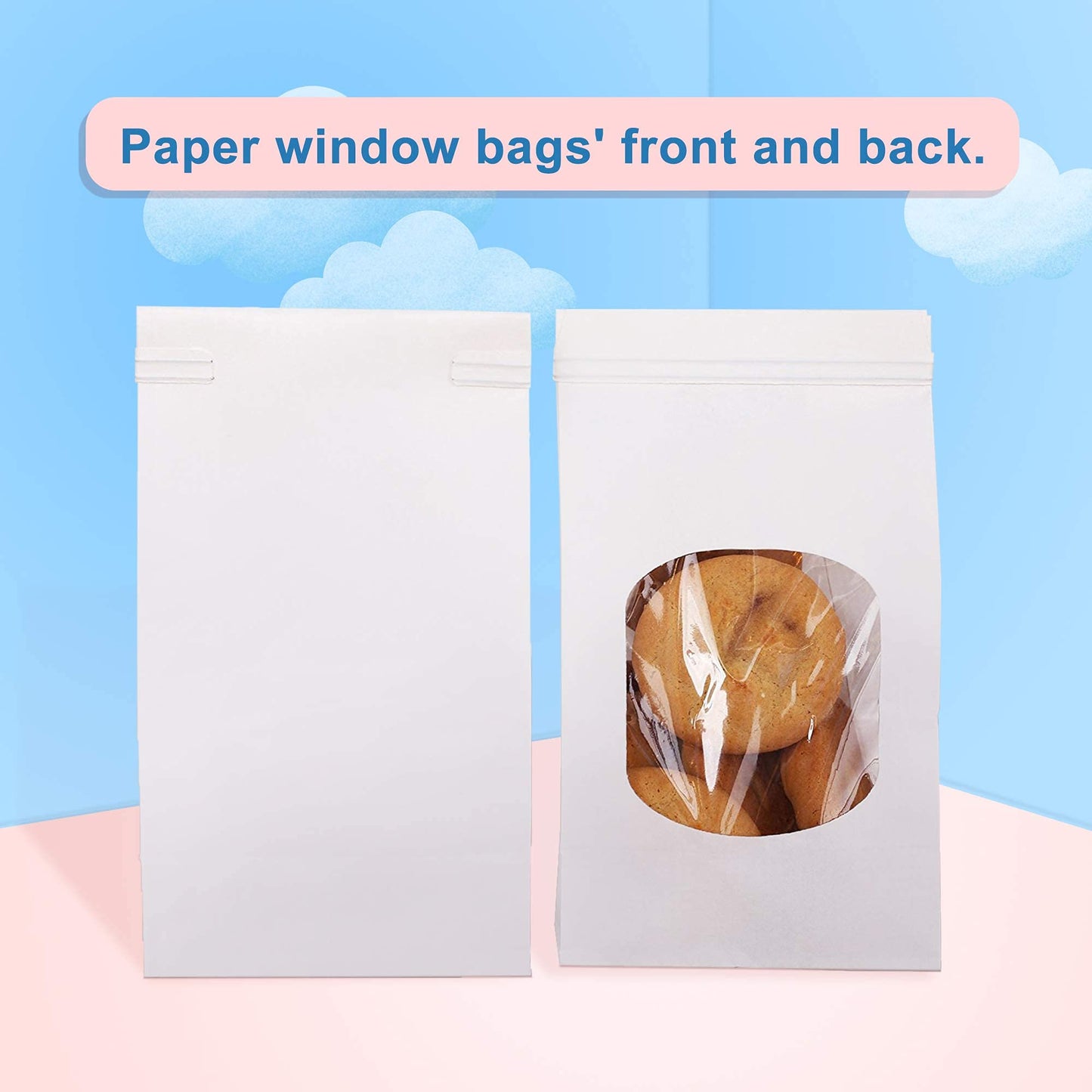 BagDream Bakery Bags with Window Small Kraft Paper Bags 100Pcs 3.54x2.36x6.7 Inches Tin Tie Tab Lock Bags Brown Window Bags Cookie Bags Coffee Bags Treat Bags