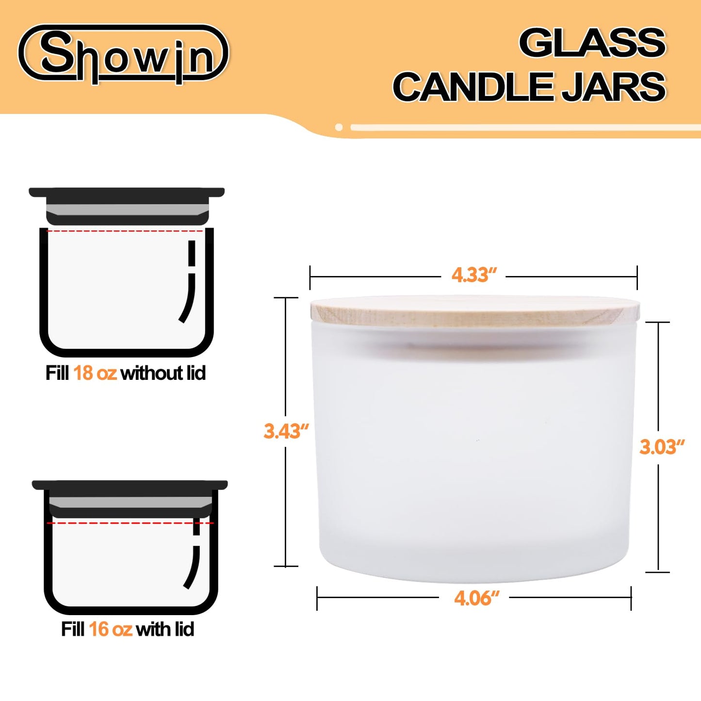SHOWIN 18 OZ Thick Candle Jars for Making Candles 6 Pcs, Empty Jars with Wood Lids for Candle Making, Sample Container,Frosted White
