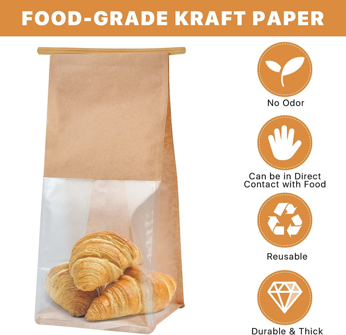 Eco Bakery Bread Bags with Window | 50-Pack Kraft Paper 5.1″ × 4.3″ × 11″