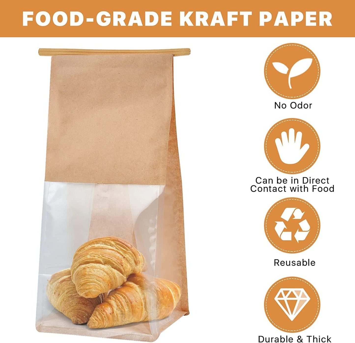 Eco Bakery Bread Bags with Window | 50-Pack Kraft Paper 5.1″ × 4.3″ × 11″