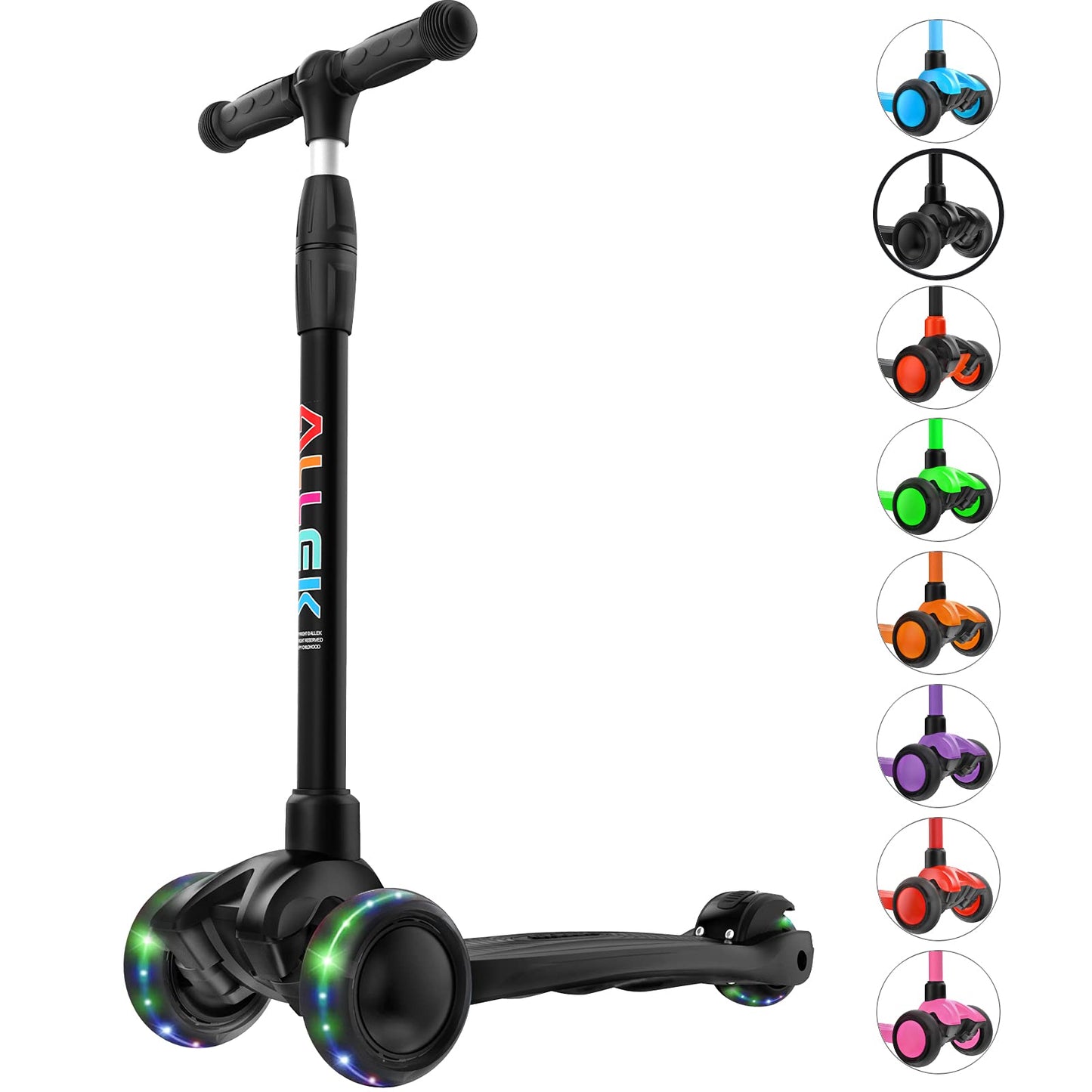 Allek Kick Scooter B03 for Kids (3-12 Years) — Style, Fun, and Safety on 3 Wheels with LED Lights, Adjustable Handlebar, and Reinforced Deck (Black)