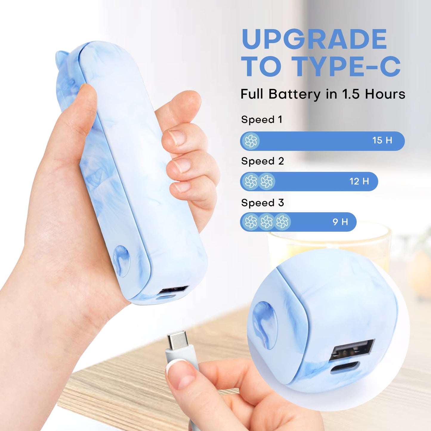 OHLGT Mini Ventilador Portátil: Silencioso, Recargable y Power Bank (9-15h)
