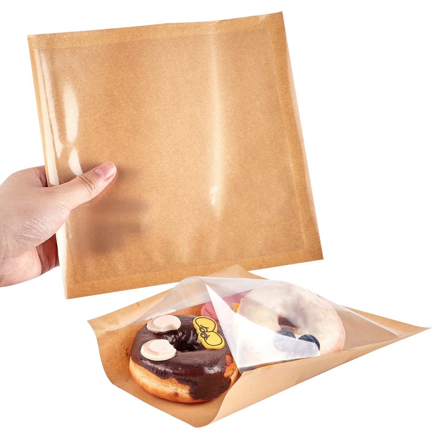 200 Pack Heat Sealable Bakery Bags with Window, Kraft Paper Sandwich Bags, Grease Resistant Cookies Bags To Go for Packaging Donut, Pastries and other Treats (7.5 x 7.1 Inches)