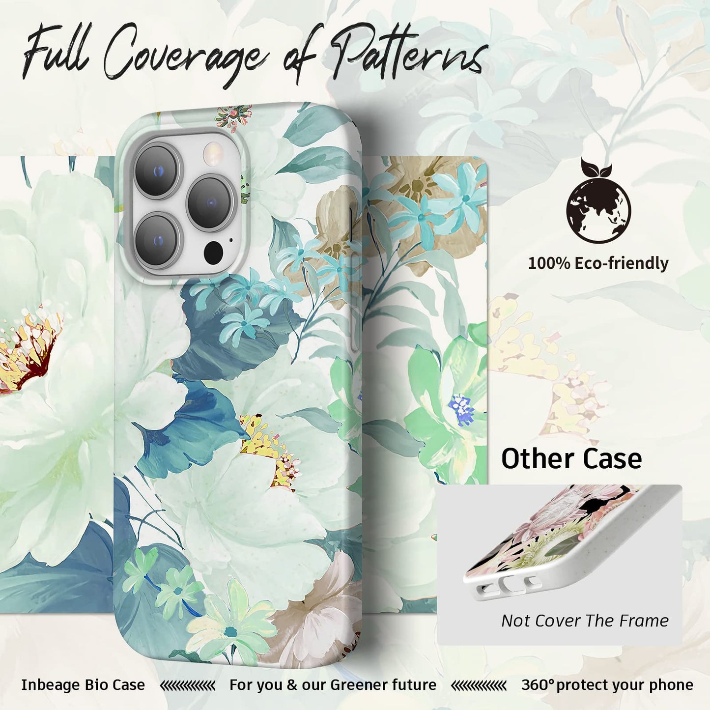 Bio Case for iPhone 14 Pro Case Floral,Made from Plants,100% Biodegradable Cover with Flower Garden Full Body Patterns, Eco-Friendly and Compostable,6.1 Inch,2022 (Pattern-Green Flower)