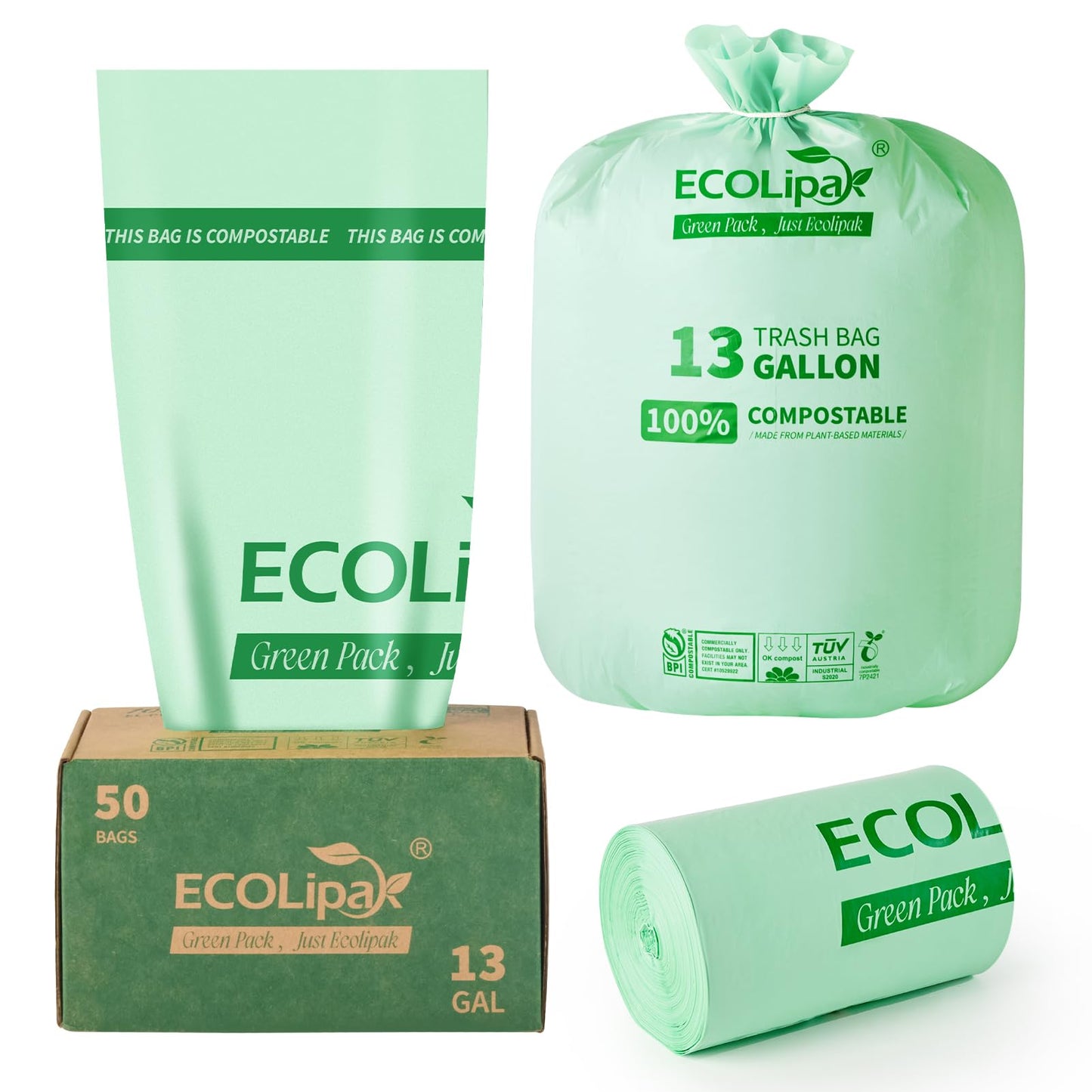 ECOLipak 49L Compostable Trash Bags – 100 Count (2 Rolls), Heavy Duty & Certified for Kitchen & Bathroom