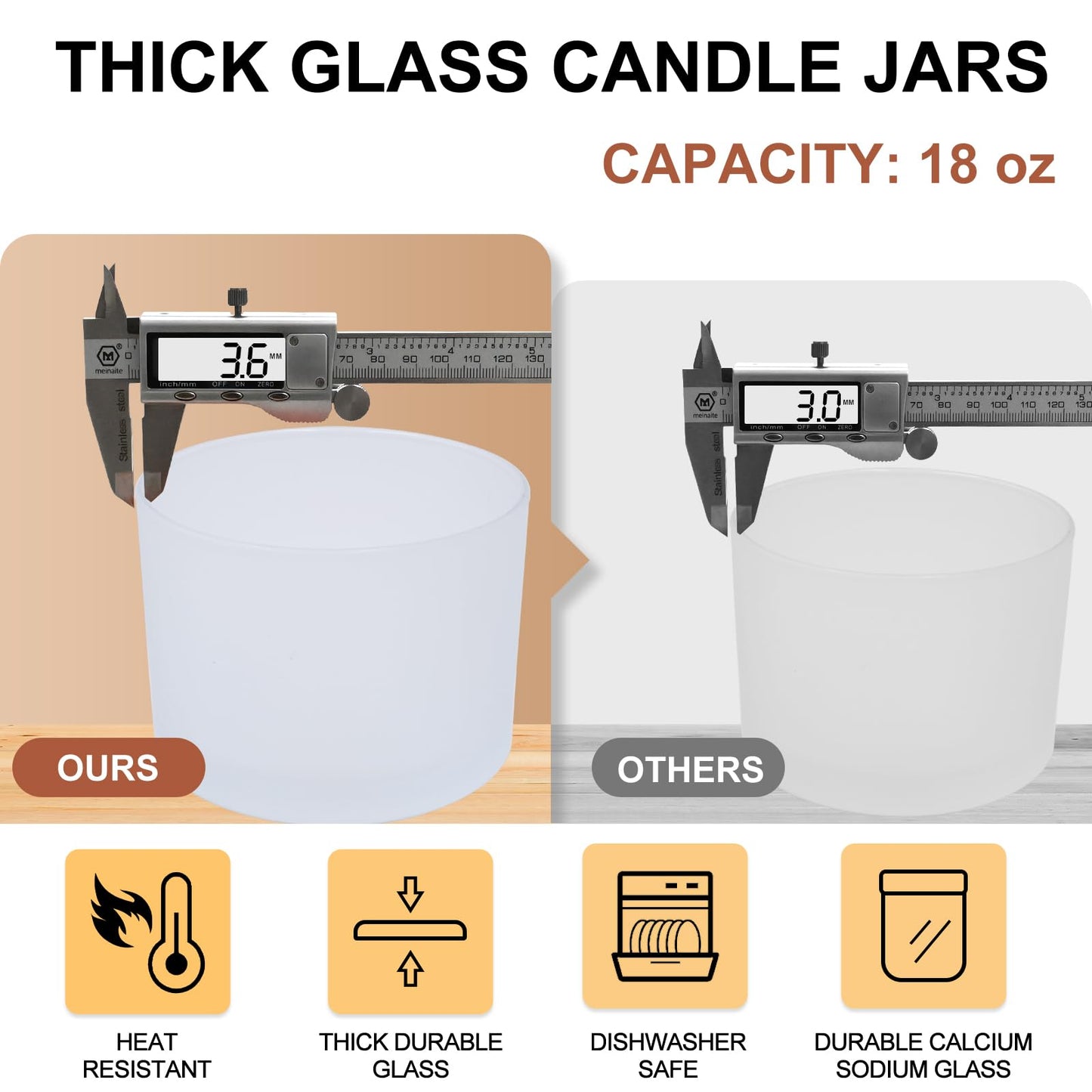 SHOWIN 18 OZ Thick Candle Jars for Making Candles 6 Pcs, Empty Jars with Wood Lids for Candle Making, Sample Container,Frosted White