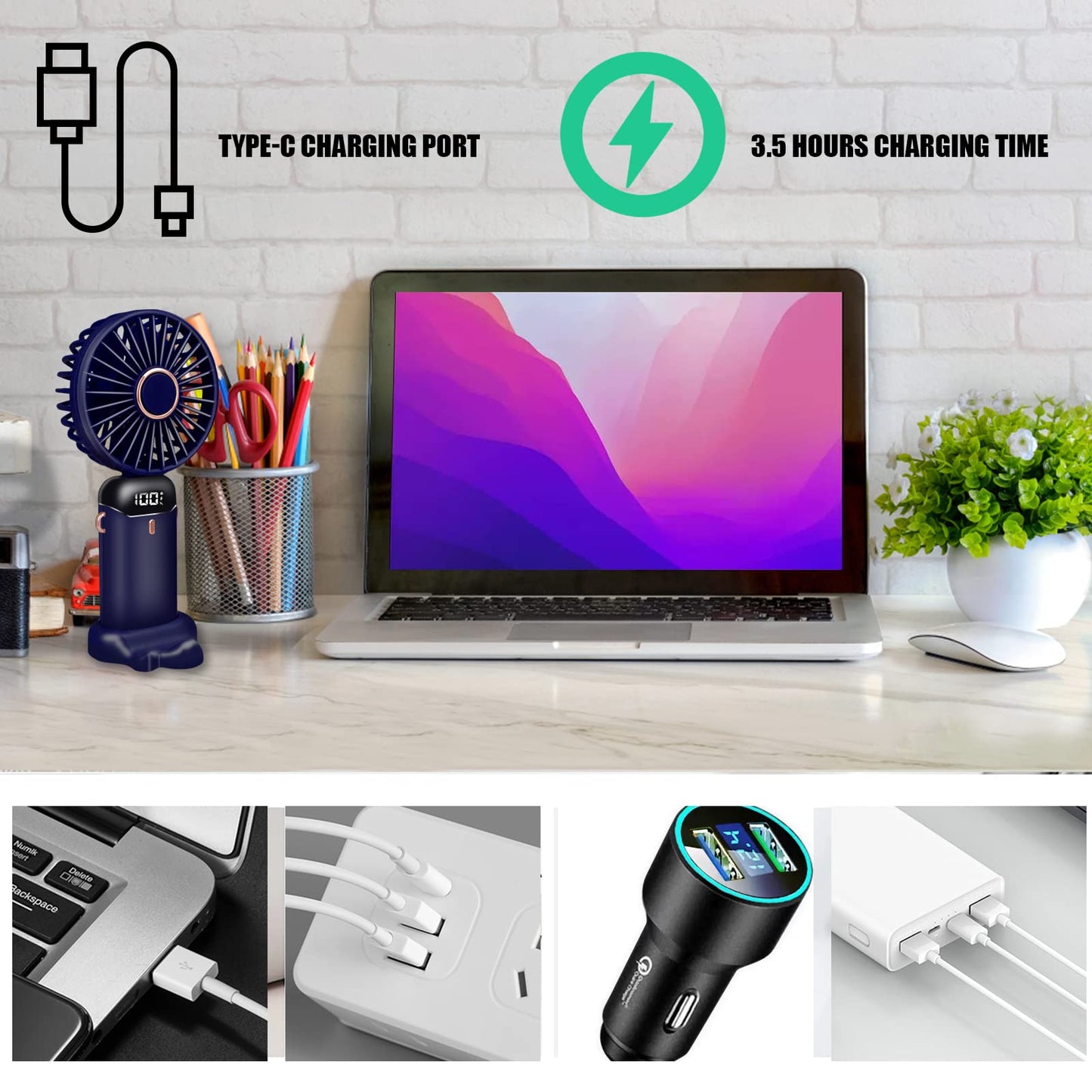 Jsdoin Mini Ventilador de Mano Portátil USB, Bolsillo de 5 Velocidades con Base, Ventilador Plegable de Escritorio para Oficina, Viajes, Negro (Azul Oscuro)