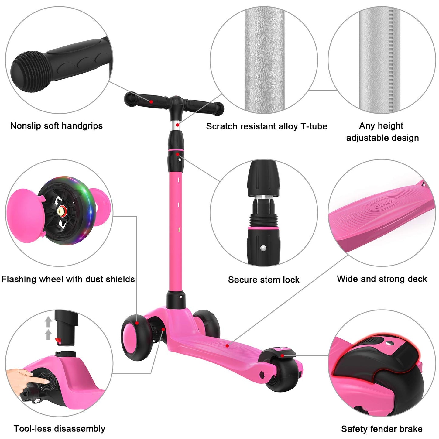 Allek Kick Scooter B03 for Kids (3-12 Years) — Style, Fun, and Safety on 3 Wheels with LED Lights, Adjustable Handlebar, and Reinforced Deck (Black)