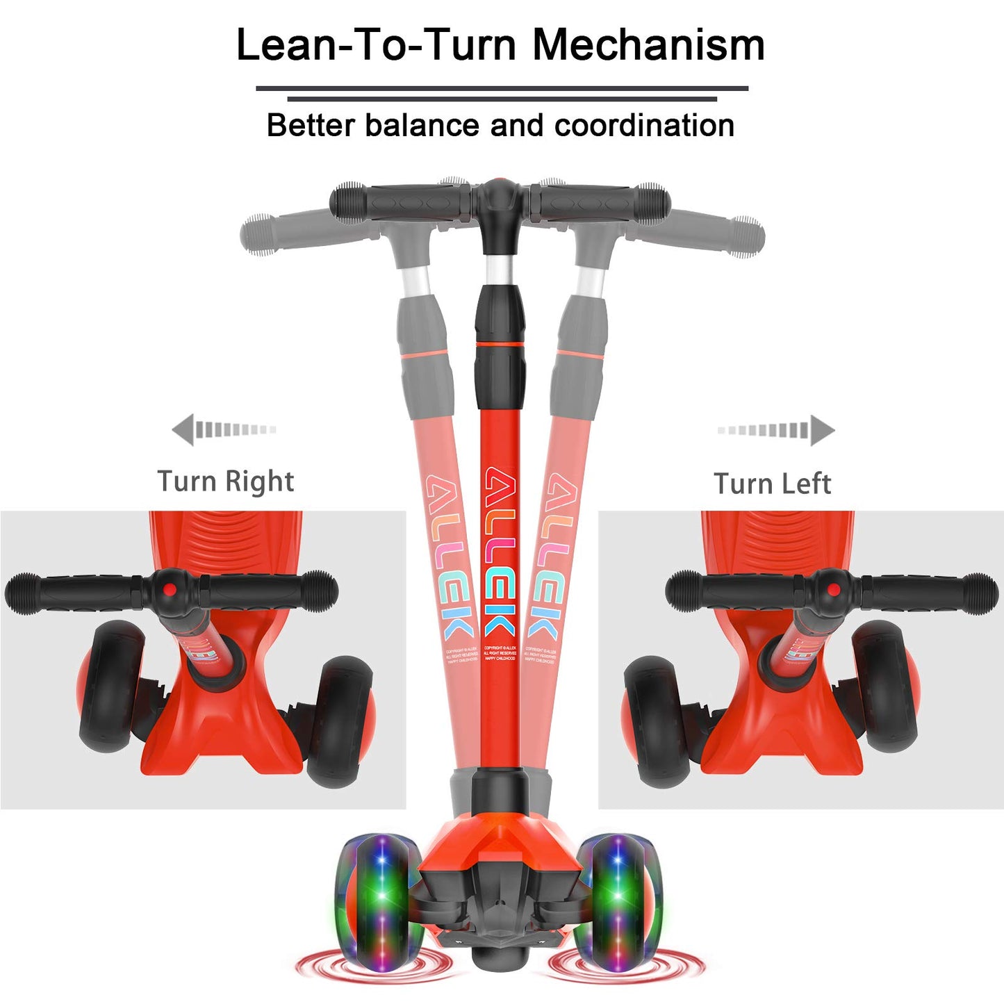 Allek Kick Scooter B03 for Kids (3-12 Years) — Style, Fun, and Safety on 3 Wheels with LED Lights, Adjustable Handlebar, and Reinforced Deck (Black)