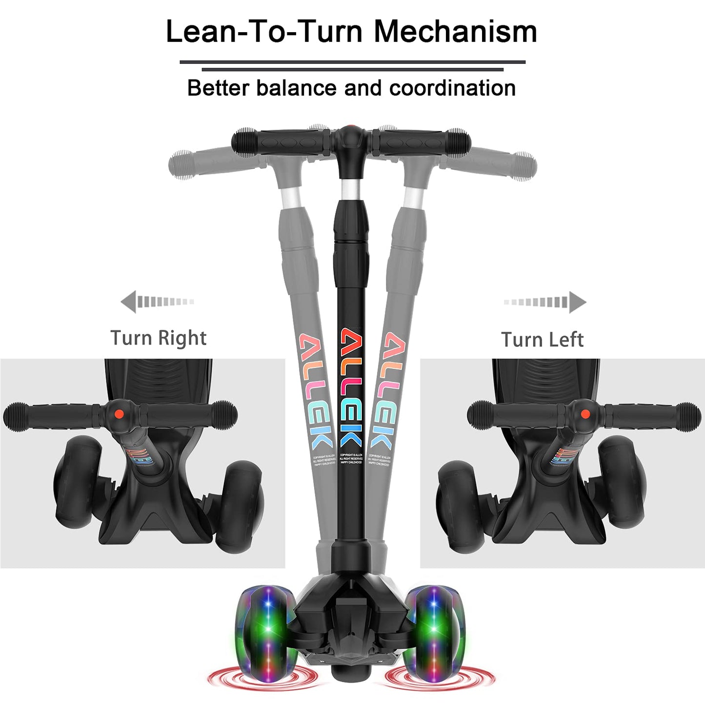 Allek Kick Scooter B03 for Kids (3-12 Years) — Style, Fun, and Safety on 3 Wheels with LED Lights, Adjustable Handlebar, and Reinforced Deck (Black)