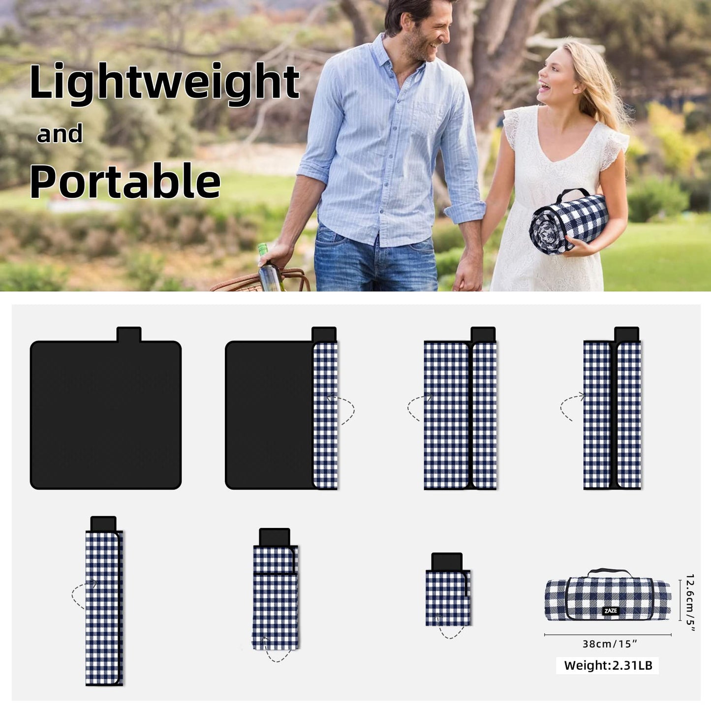ZAZE XL Picnic Blanket 80"x80" — Waterproof, Foldable, Gingham Style for Beach, Camping, or Garden | Ideal for Couples, Weddings, and Green Gifts (Green/White)