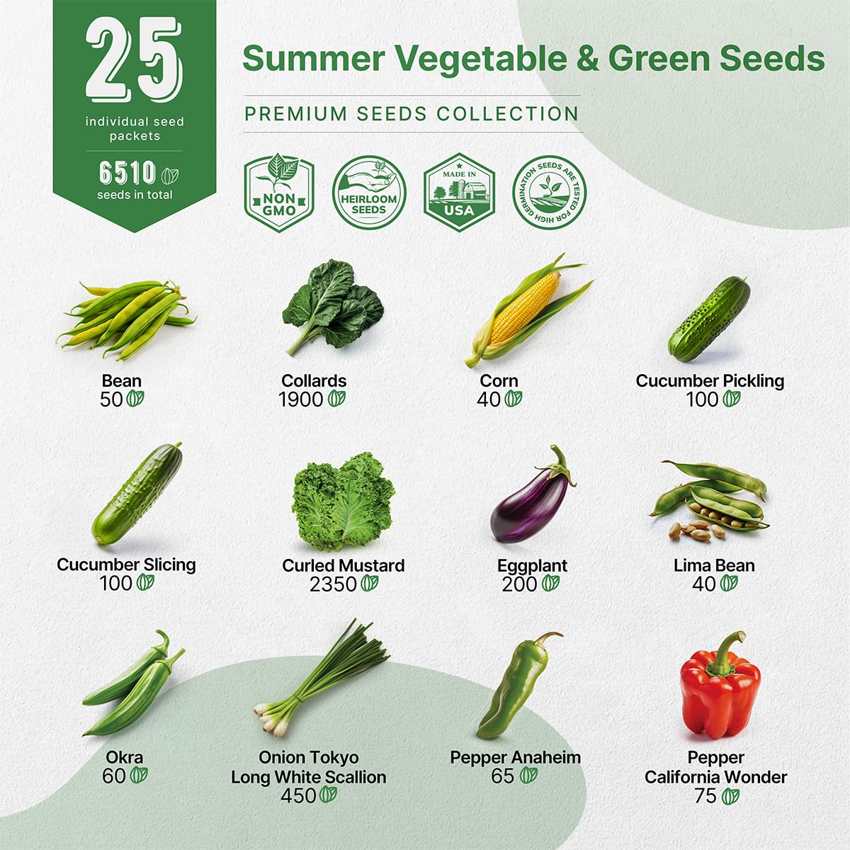 25 Summer Vegetable & Fruit Seeds Variety Pack - 1,870+ Non-GMO Heirloom Veggie & Fruits Seeds for Outdoors and Indoor Home Gardening, Including Collards, Tomato, Pepper, Okra, Onion, Bean, Cucumber