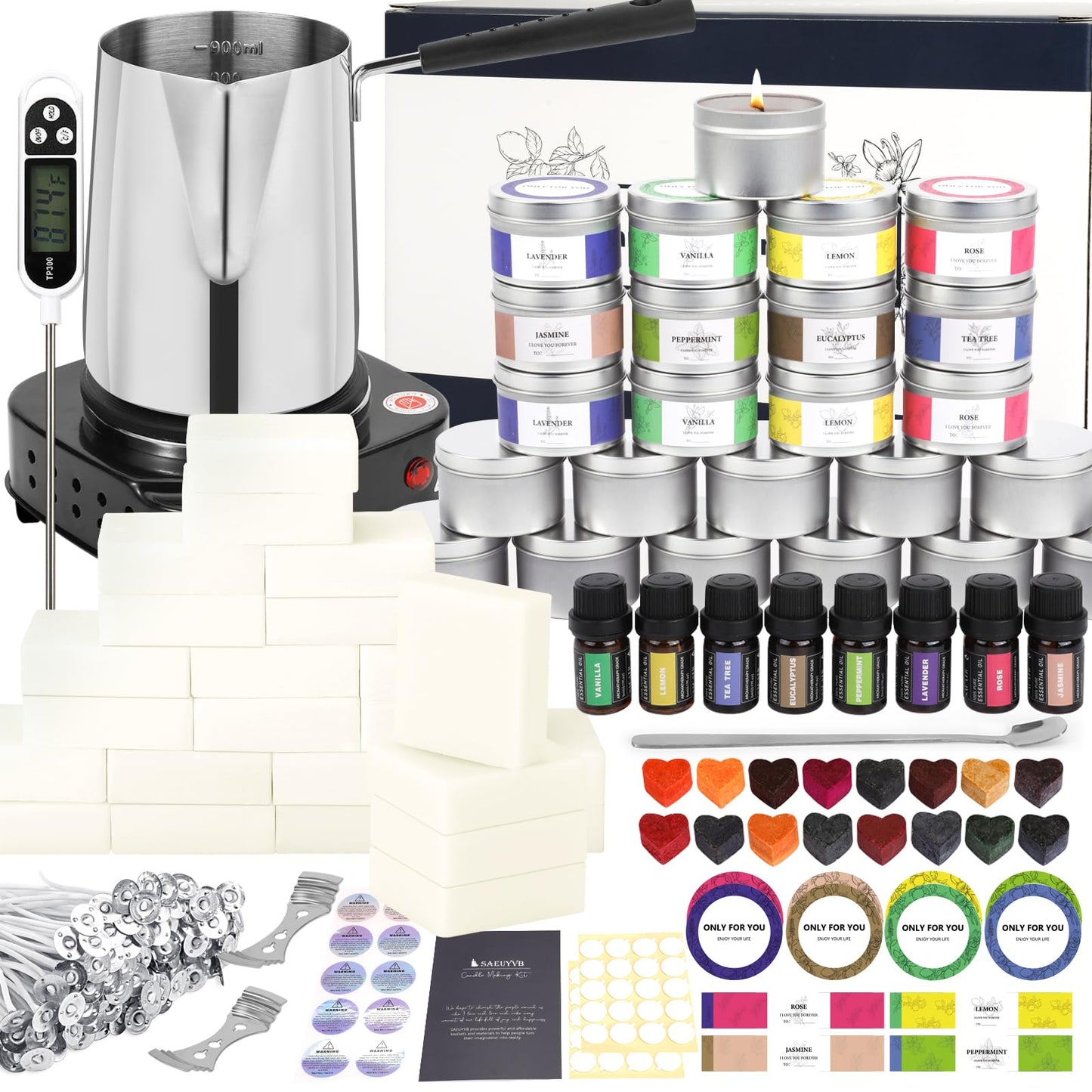 SAEUYVB Candle Making Kit - DIY Starter Soy Candle Making Supplies/Kit - Soy Wax, 10 Jars & Tins, 10 Pleasant Scents, Color Dyes & More,Perfect Candle Making Kit for Adults