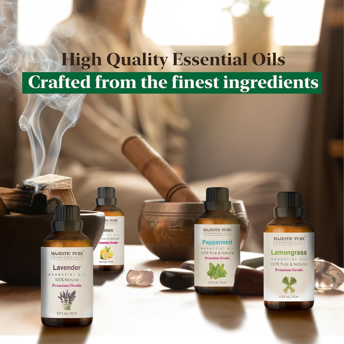 Majestic Pure 100% Pure Essential Oils Set - 6 x 10ml (Peppermint, Lavender, Eucalyptus, Tea Tree, Lemongrass) For Diffusers, Aromatherapy, Candles, Humidifiers