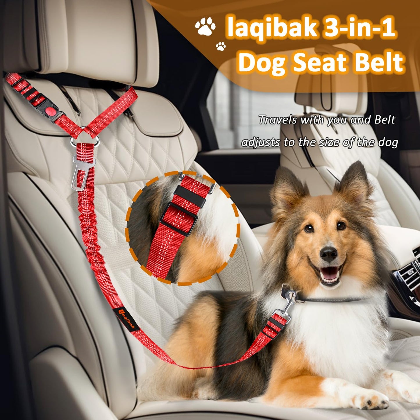 Removable Dog Seat Belt Harness for Car, 3 in 1 Pet Dog Car Seatbelt Leash, Retractable Restraint Secures to Vehicle Headrest & Adjustable Reflective Bungee Dog Seatbelt Tether, Blue and Black