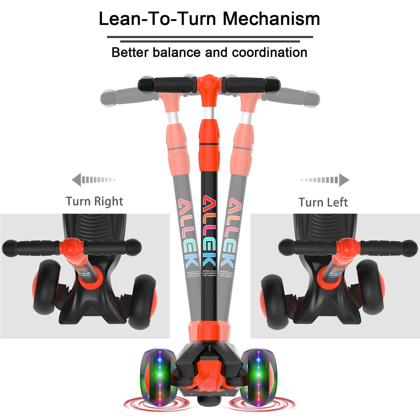 Allek Kick Scooter B03 for Kids (3-12 Years) — Style, Fun, and Safety on 3 Wheels with LED Lights, Adjustable Handlebar, and Reinforced Deck (Black)