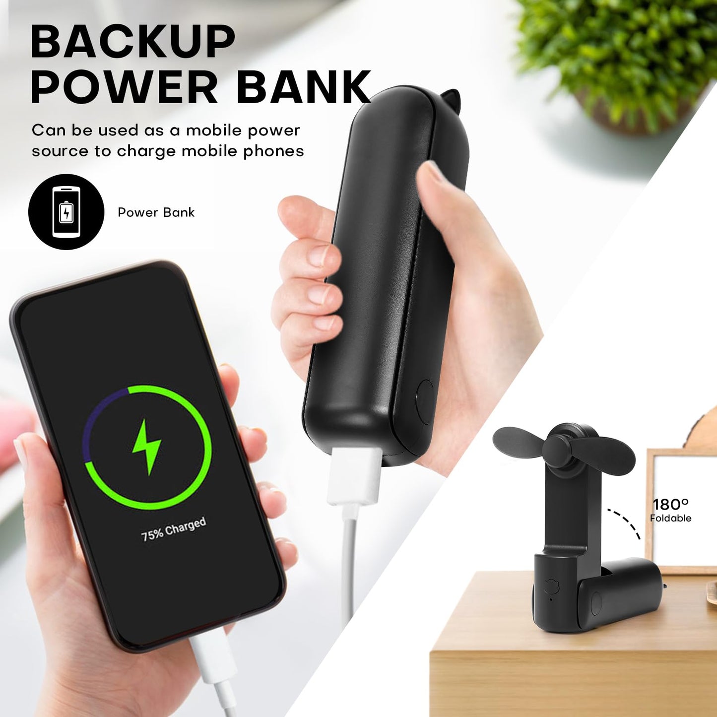 OHLGT Mini Ventilador Portátil: Silencioso, Recargable y Power Bank (9-15h)