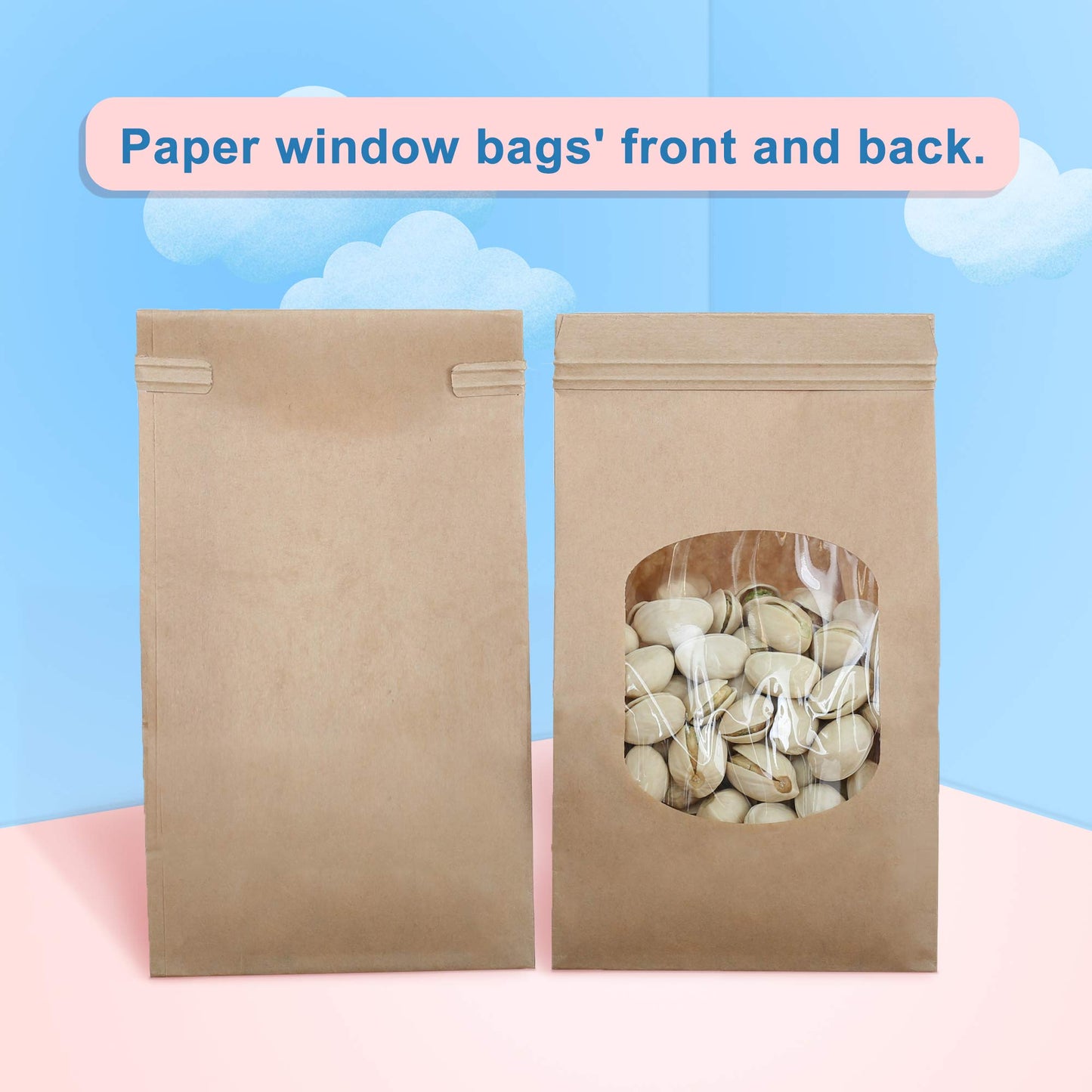 BagDream Bakery Bags with Window Small Kraft Paper Bags 100Pcs 3.54x2.36x6.7 Inches Tin Tie Tab Lock Bags Brown Window Bags Cookie Bags Coffee Bags Treat Bags