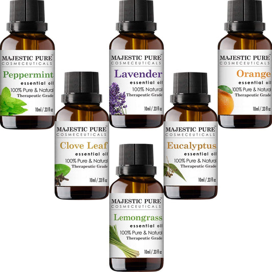 Majestic Pure 100% Pure Essential Oils Set - 6 x 10ml (Peppermint, Lavender, Eucalyptus, Tea Tree, Lemongrass) For Diffusers, Aromatherapy, Candles, Humidifiers
