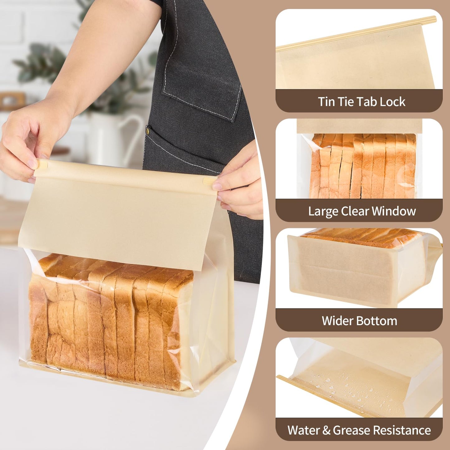 Ocmoiy 50Pcs Large Bread Bags for Homemade Bread, Resealable Sourdough Bread Bags, Clear Front Tin Tie Tab Lock Bread Storage Bags with Window Paper Treat Bags (8.7x4.3x11 Inch)