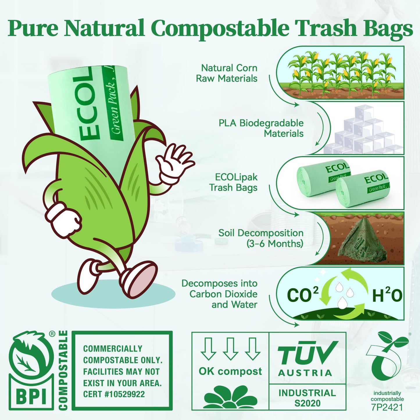 ECOLipak 49L Compostable Trash Bags – 100 Count (2 Rolls), Heavy Duty & Certified for Kitchen & Bathroom