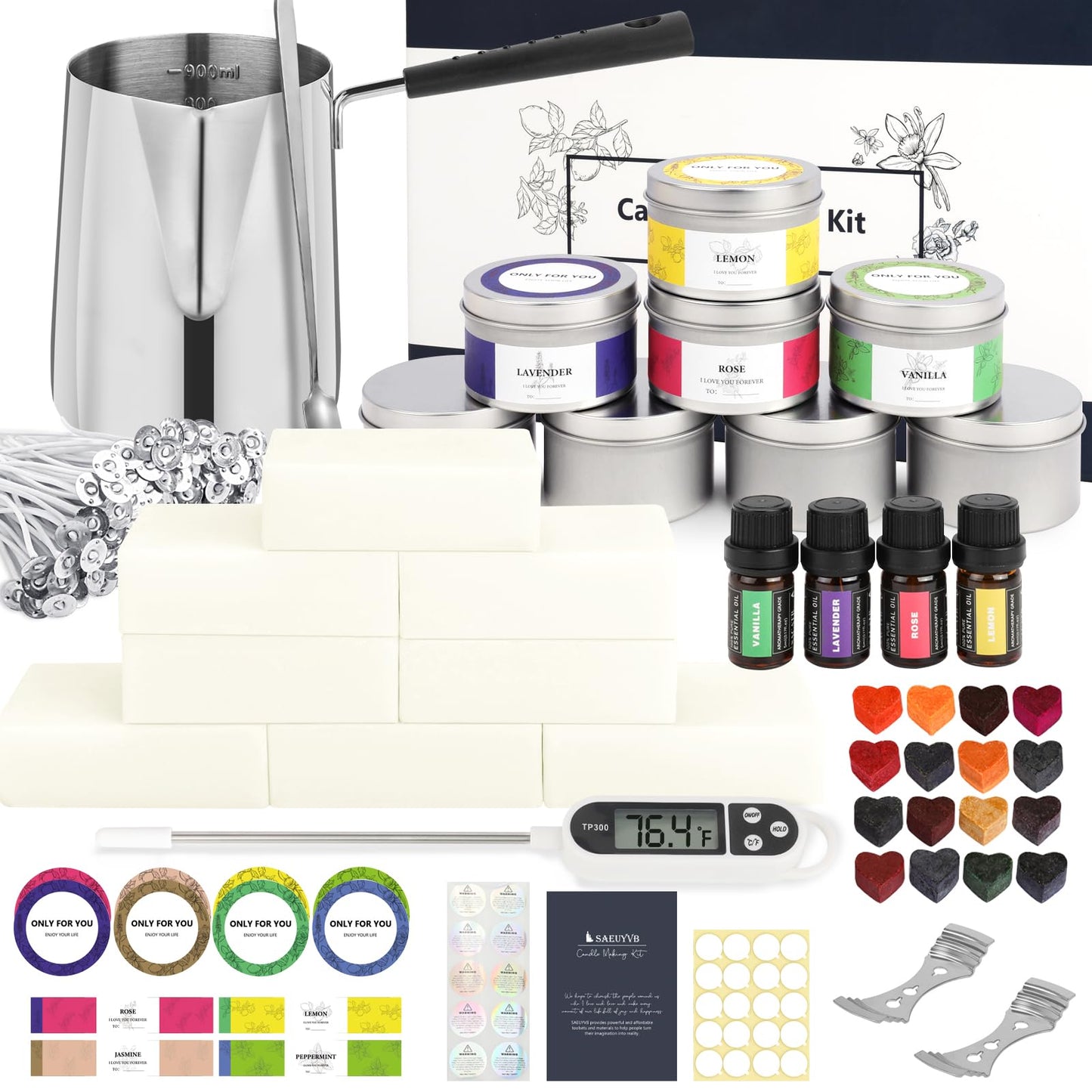 SAEUYVB Candle Making Kit - DIY Starter Soy Candle Making Supplies/Kit - Soy Wax, 10 Jars & Tins, 10 Pleasant Scents, Color Dyes & More,Perfect Candle Making Kit for Adults