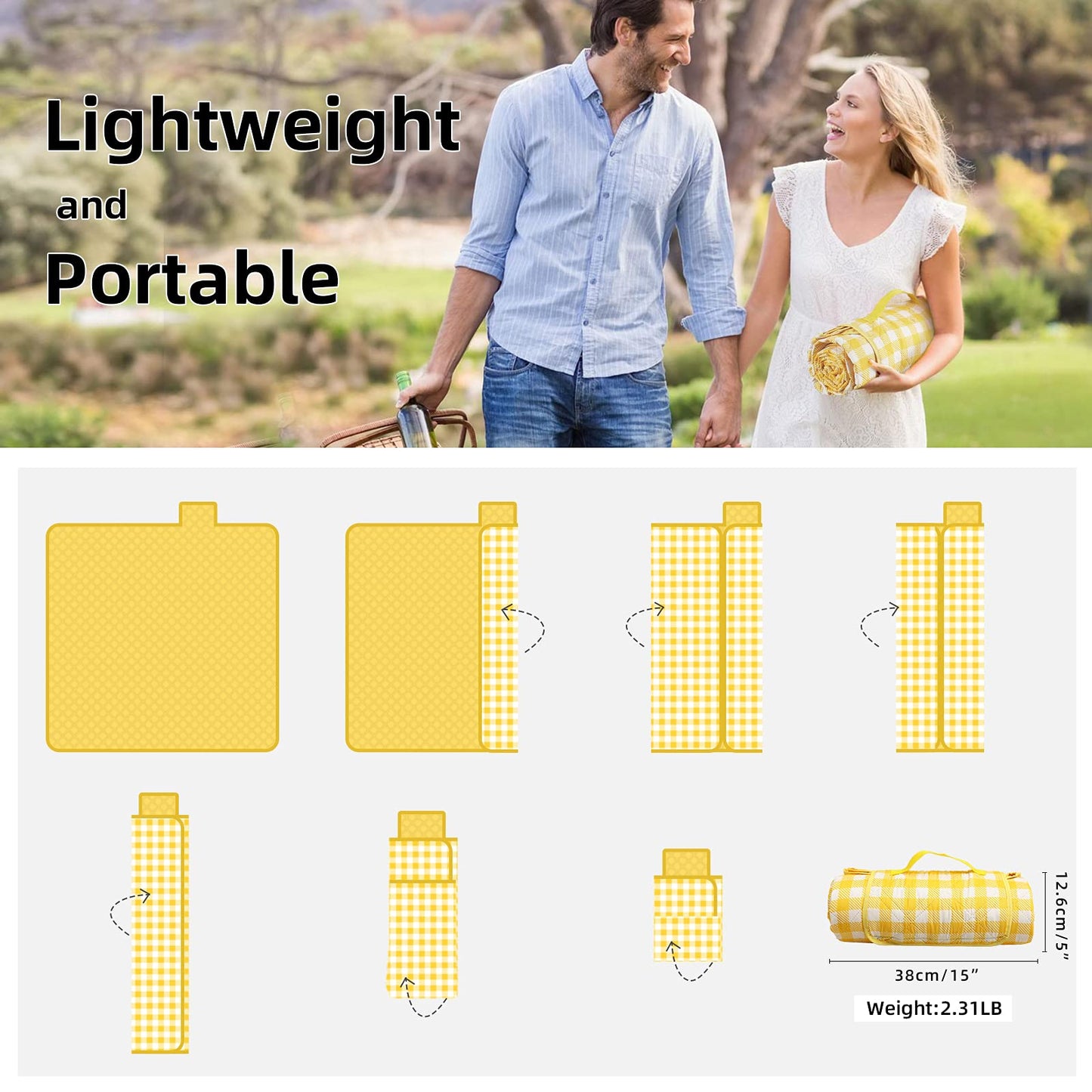 ZAZE XL Picnic Blanket 80"x80" — Waterproof, Foldable, Gingham Style for Beach, Camping, or Garden | Ideal for Couples, Weddings, and Green Gifts (Green/White)