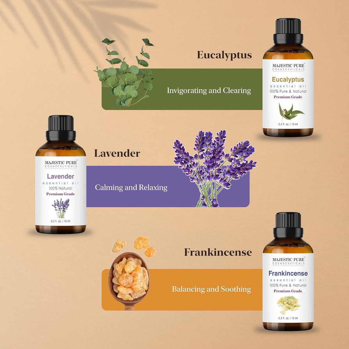 Majestic Pure 100% Pure Essential Oils Set - 6 x 10ml (Peppermint, Lavender, Eucalyptus, Tea Tree, Lemongrass) For Diffusers, Aromatherapy, Candles, Humidifiers