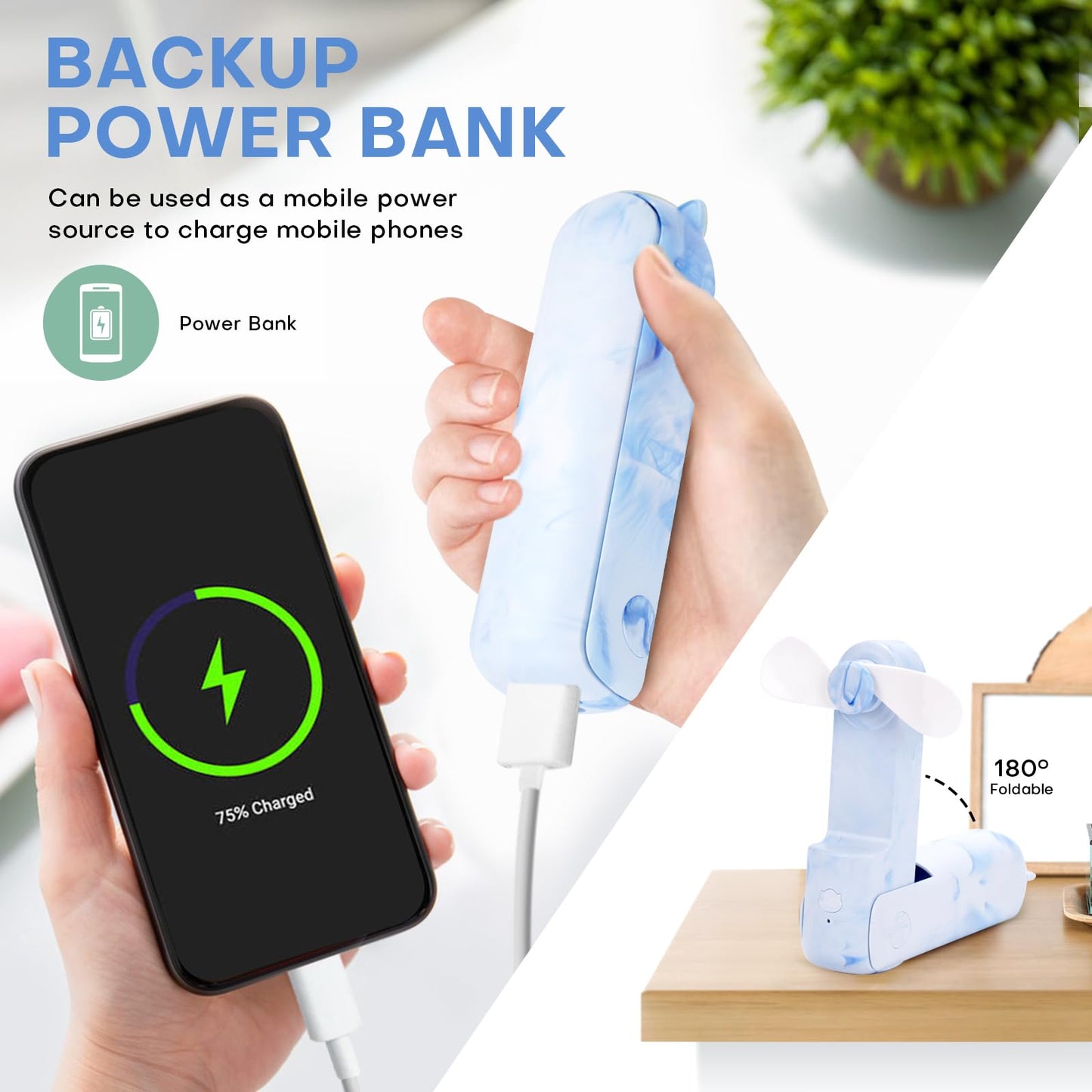 OHLGT Mini Ventilador Portátil: Silencioso, Recargable y Power Bank (9-15h)