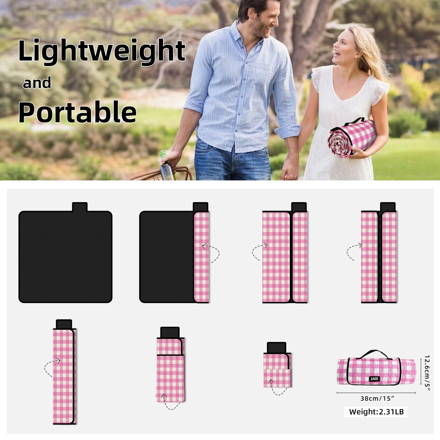 ZAZE XL Picnic Blanket 80"x80" — Waterproof, Foldable, Gingham Style for Beach, Camping, or Garden | Ideal for Couples, Weddings, and Green Gifts (Green/White)