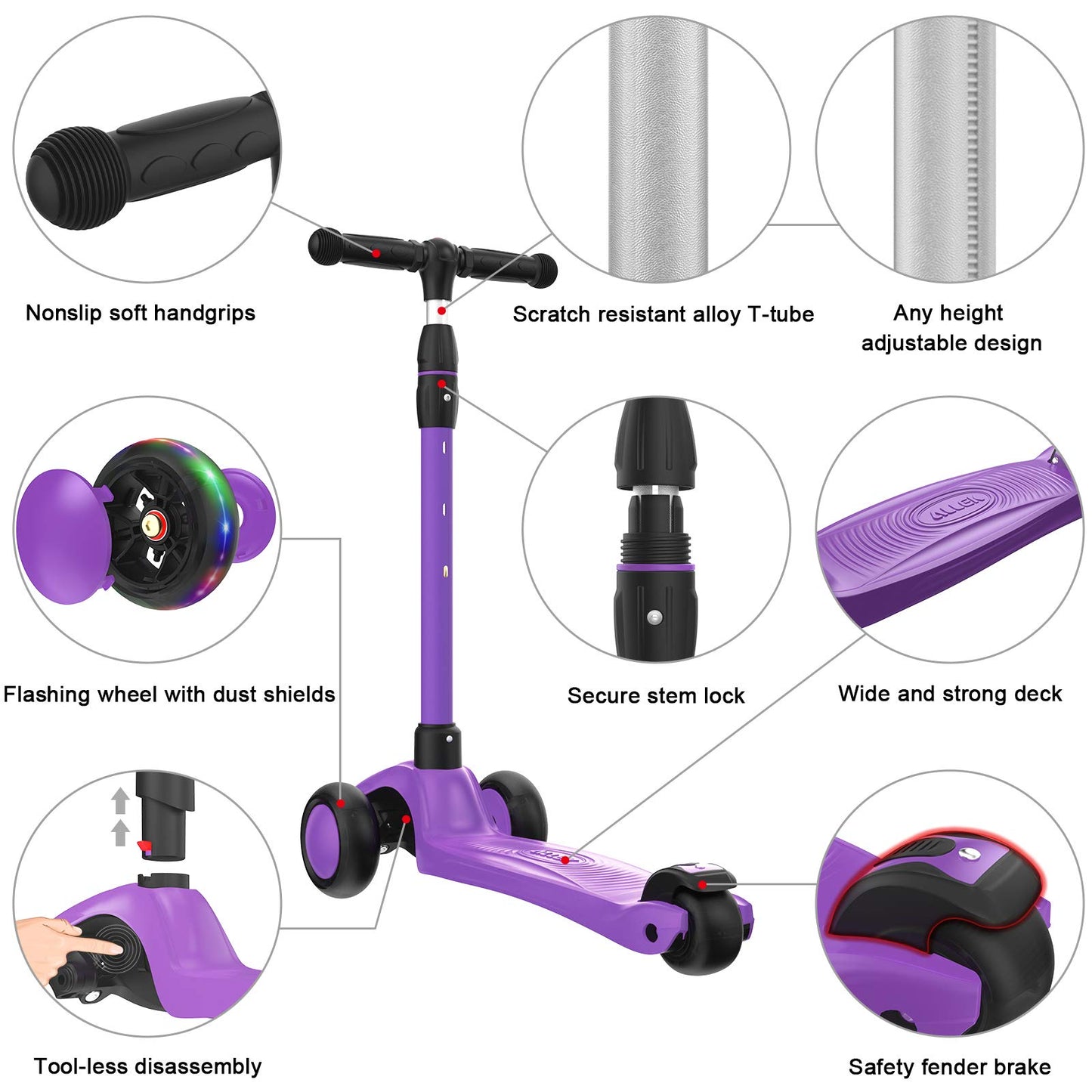 Allek Kick Scooter B03 for Kids (3-12 Years) — Style, Fun, and Safety on 3 Wheels with LED Lights, Adjustable Handlebar, and Reinforced Deck (Black)
