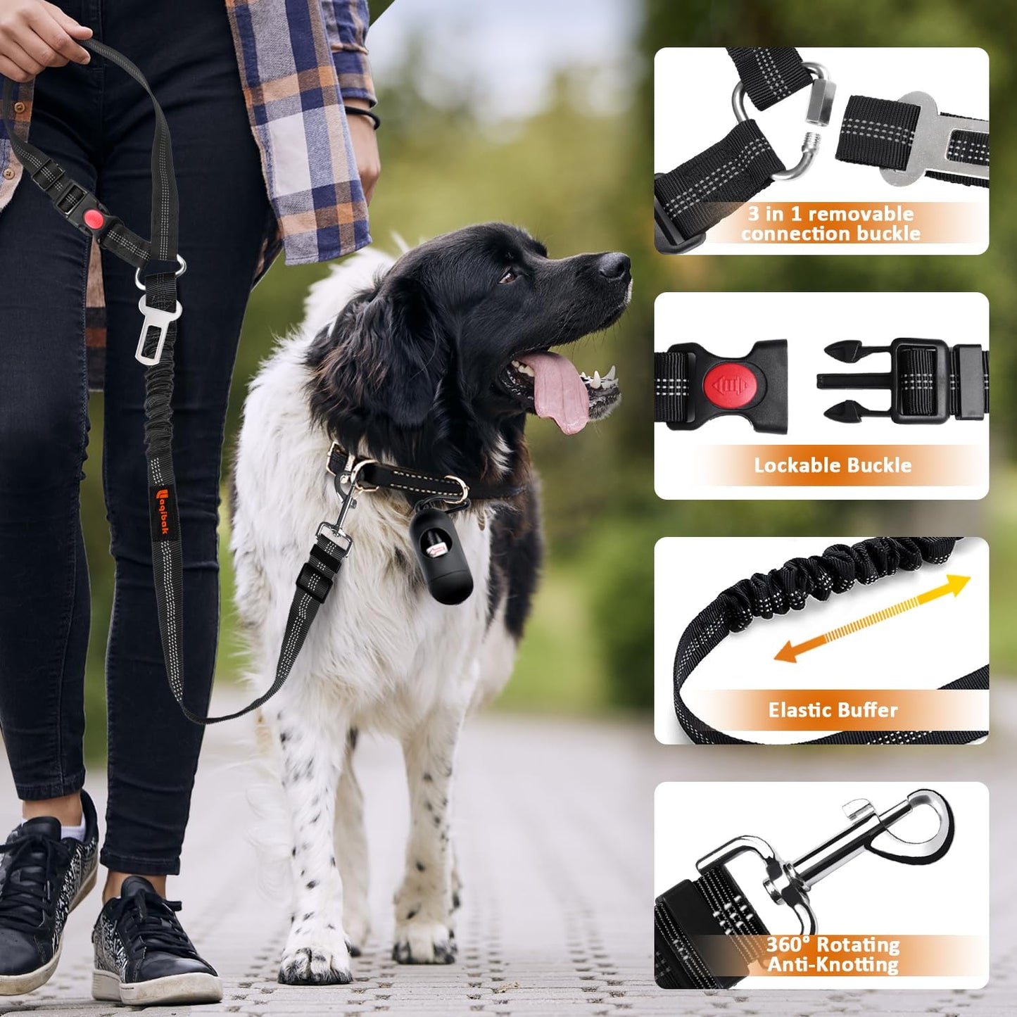 Removable Dog Seat Belt Harness for Car, 3 in 1 Pet Dog Car Seatbelt Leash, Retractable Restraint Secures to Vehicle Headrest & Adjustable Reflective Bungee Dog Seatbelt Tether, Blue and Black