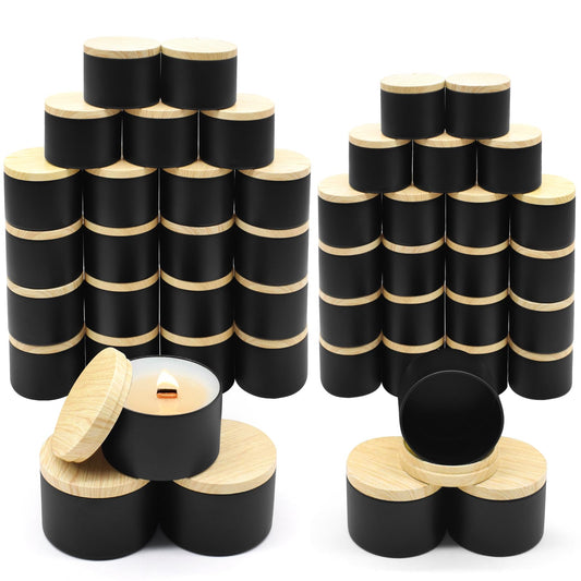 YJHSS 48-Pack White Candle Tins, 24pcs 8oz + 24pcs 4oz Candle tins with Metal Wood-Grain Printing Lids, Empty Candle Jars for Making Candles, Bulk Candle Containers Candle Making Jars for Christmas