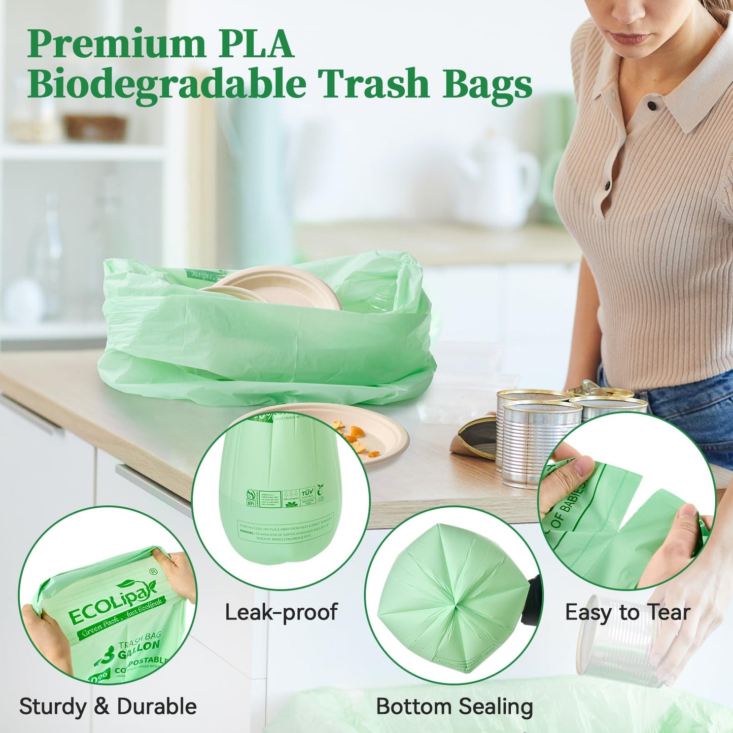 ECOLipak 49L Compostable Trash Bags – 100 Count (2 Rolls), Heavy Duty & Certified for Kitchen & Bathroom