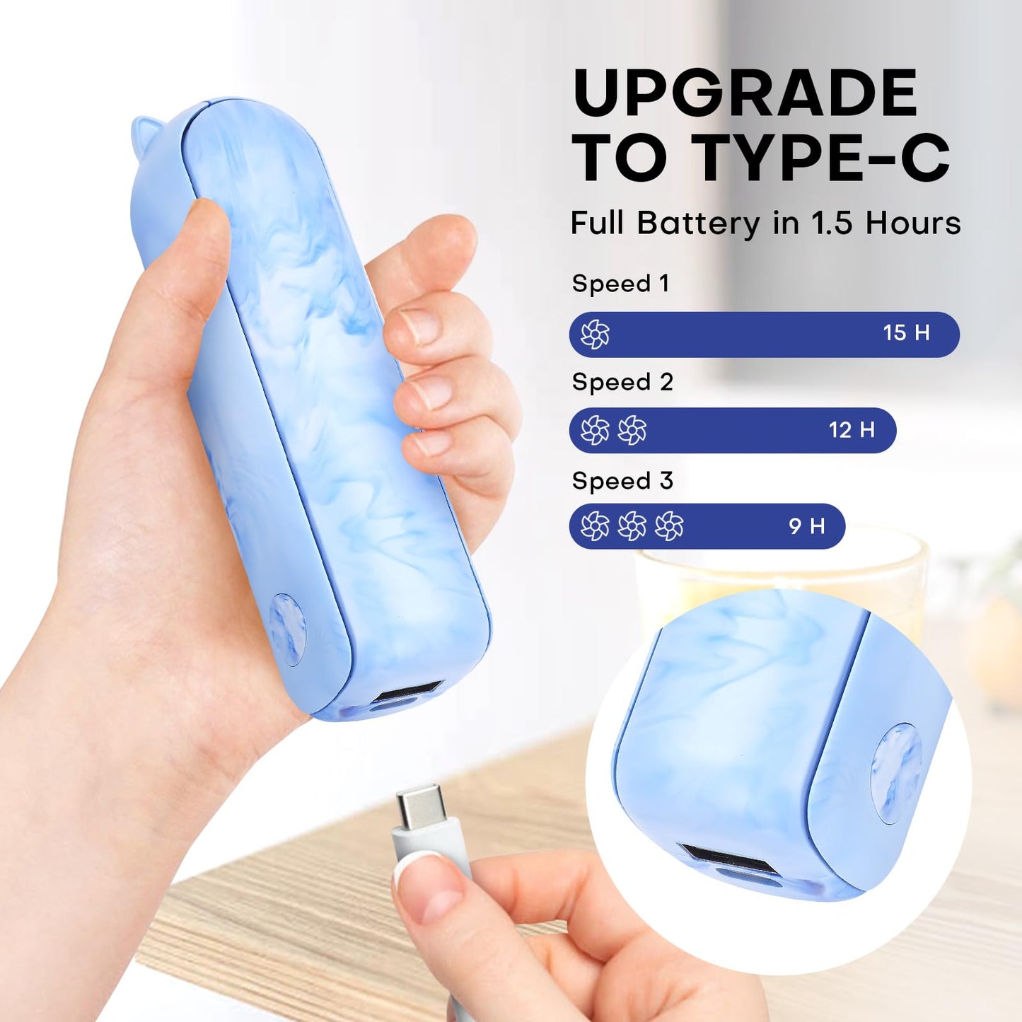 OHLGT Mini Ventilador Portátil: Silencioso, Recargable y Power Bank (9-15h)