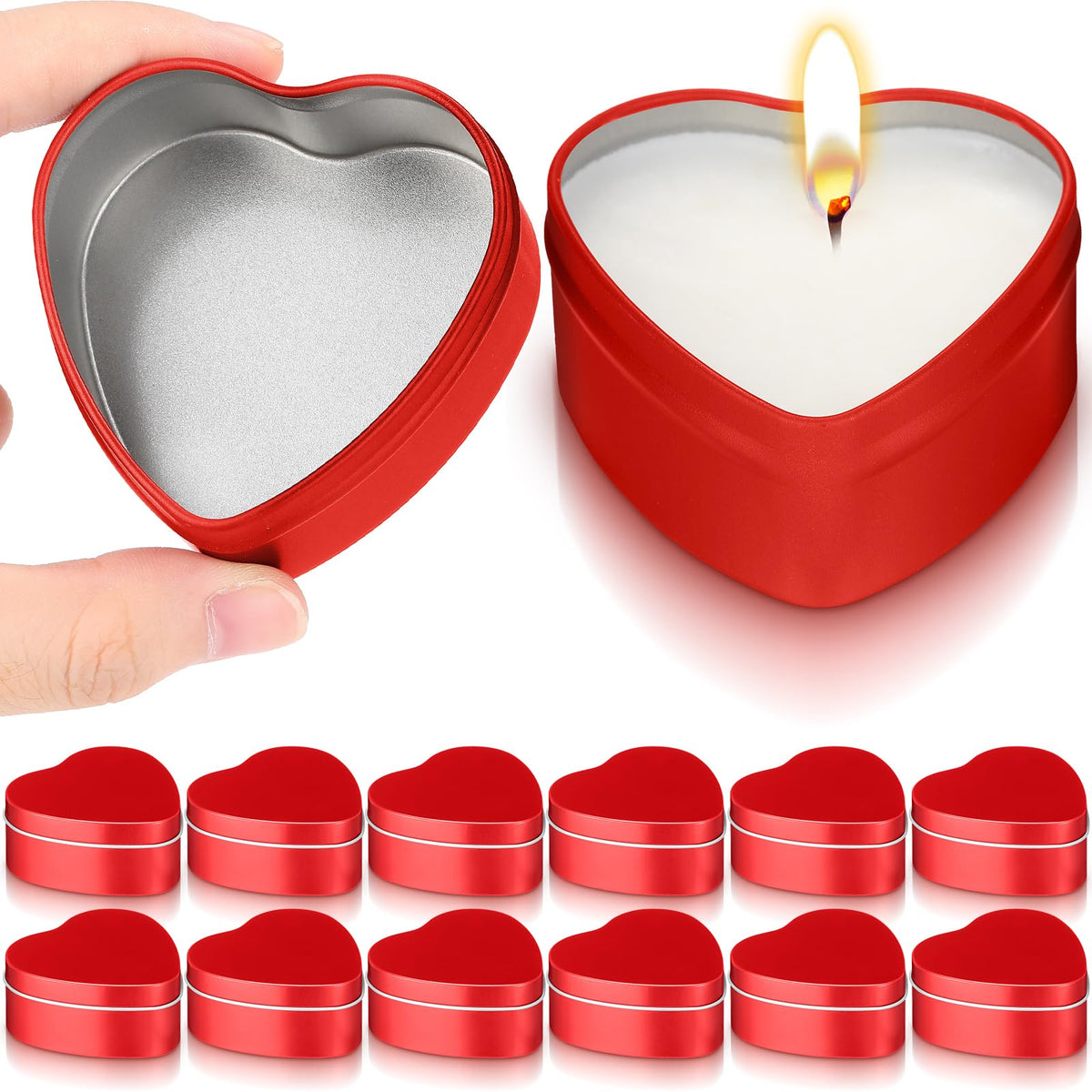 Vesici 24 Pcs 6.5 oz Heart Shaped Metal Candle Tins with Lids Valentine's Day Red Heart Empty Candle Jars Candle Containers Cans Heart Box for Making Candles Valentines Day Party Gift Supplies