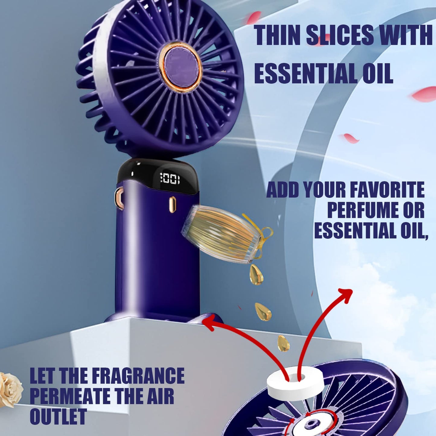 Jsdoin Mini Ventilador de Mano Portátil USB, Bolsillo de 5 Velocidades con Base, Ventilador Plegable de Escritorio para Oficina, Viajes, Negro (Azul Oscuro)