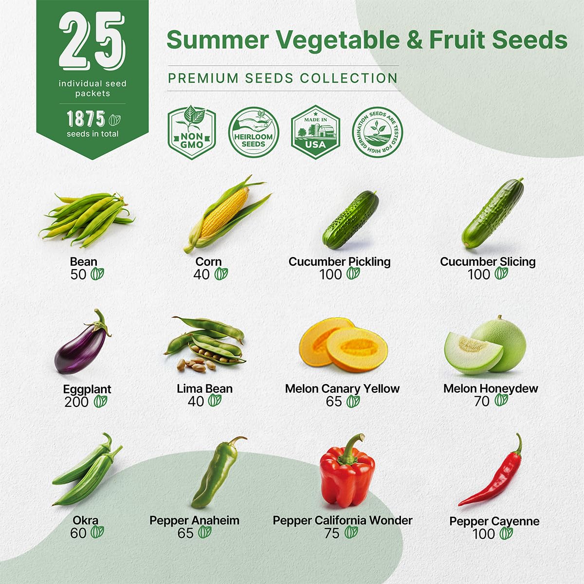 25 Variety Seed Pack | 1,870 Count Non-GMO Heirloom Vegetable & Fruit Seeds ā Home Garden Starter