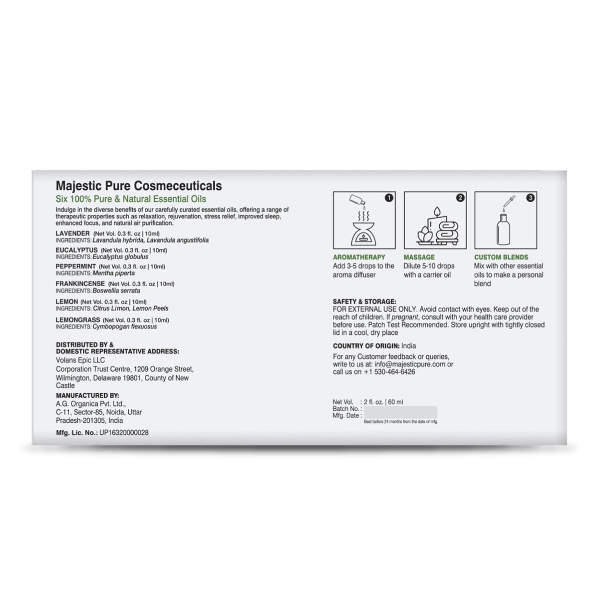 Majestic Pure 100% Pure Essential Oils Set - 6 x 10ml (Peppermint, Lavender, Eucalyptus, Tea Tree, Lemongrass) For Diffusers, Aromatherapy, Candles, Humidifiers