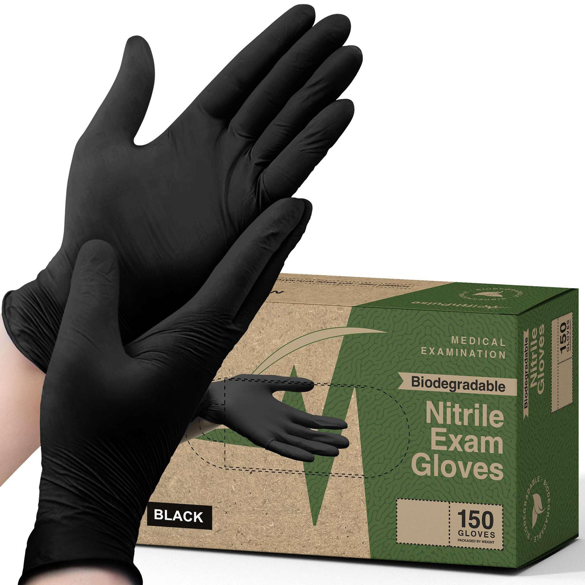 FifthPulse Biodegradable Nitrile Gloves – 150 Count, Black, Latex-Free, Powder-Free