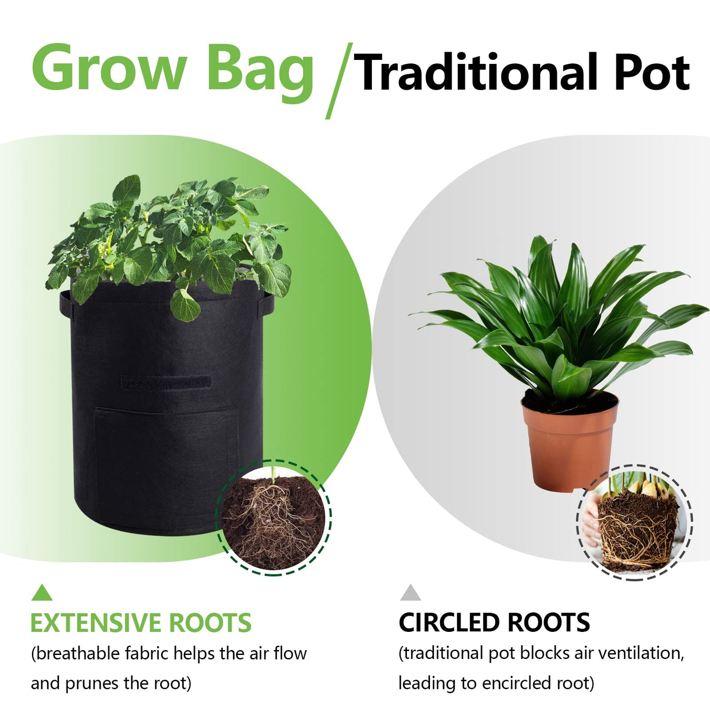 Potato Grow Bags with Flap 10 Gallon, 4 Pack Planter Pot with Handles and Harvest Window for Potato Tomato and Vegetables, Black and Gray