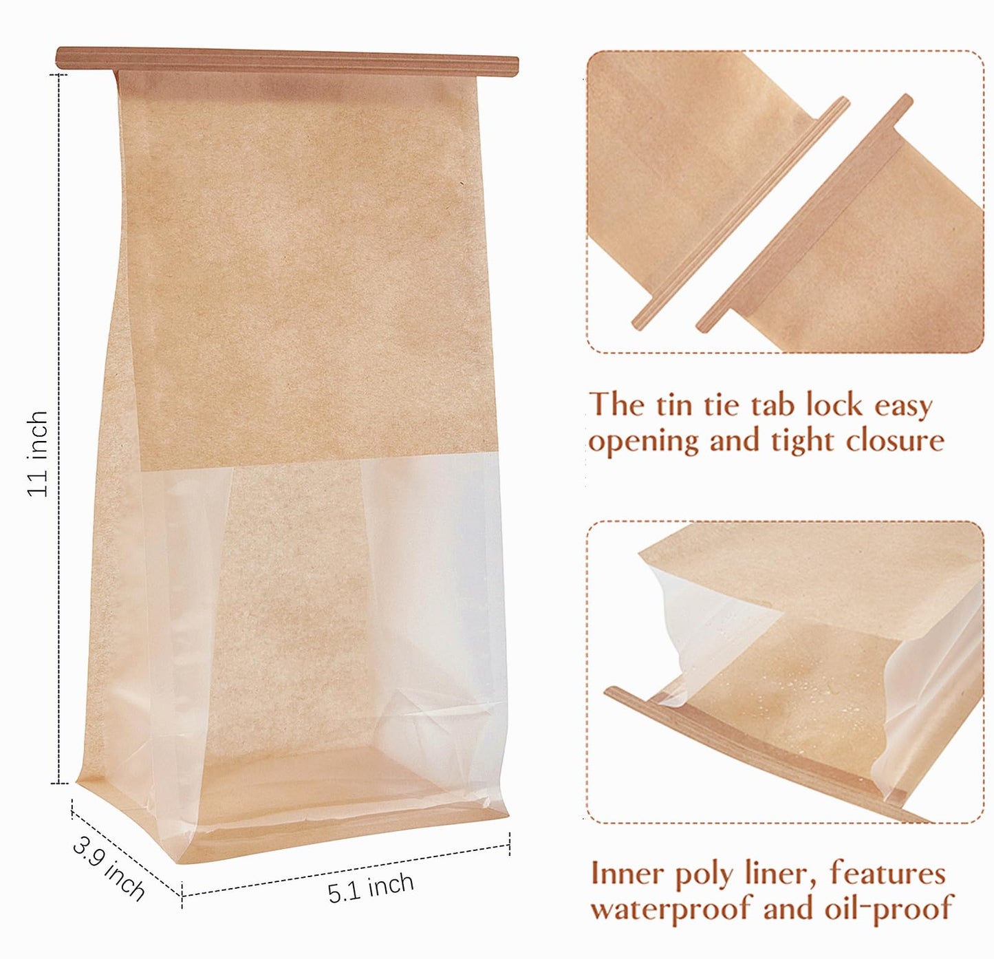 Ocmoiy 50Pcs Large Bread Bags for Homemade Bread, Resealable Sourdough Bread Bags, Clear Front Tin Tie Tab Lock Bread Storage Bags with Window Paper Treat Bags (8.7x4.3x11 Inch)