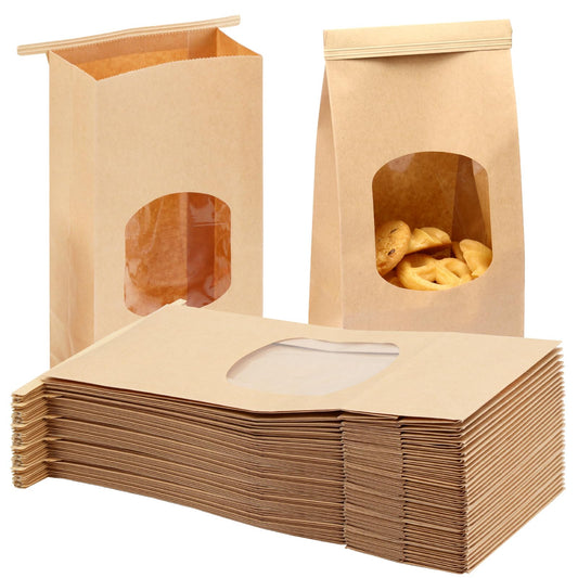 Eco Kraft Paper Snack Bags with Window | 100-Pack 3.54″ × 2.36″ × 6.7″