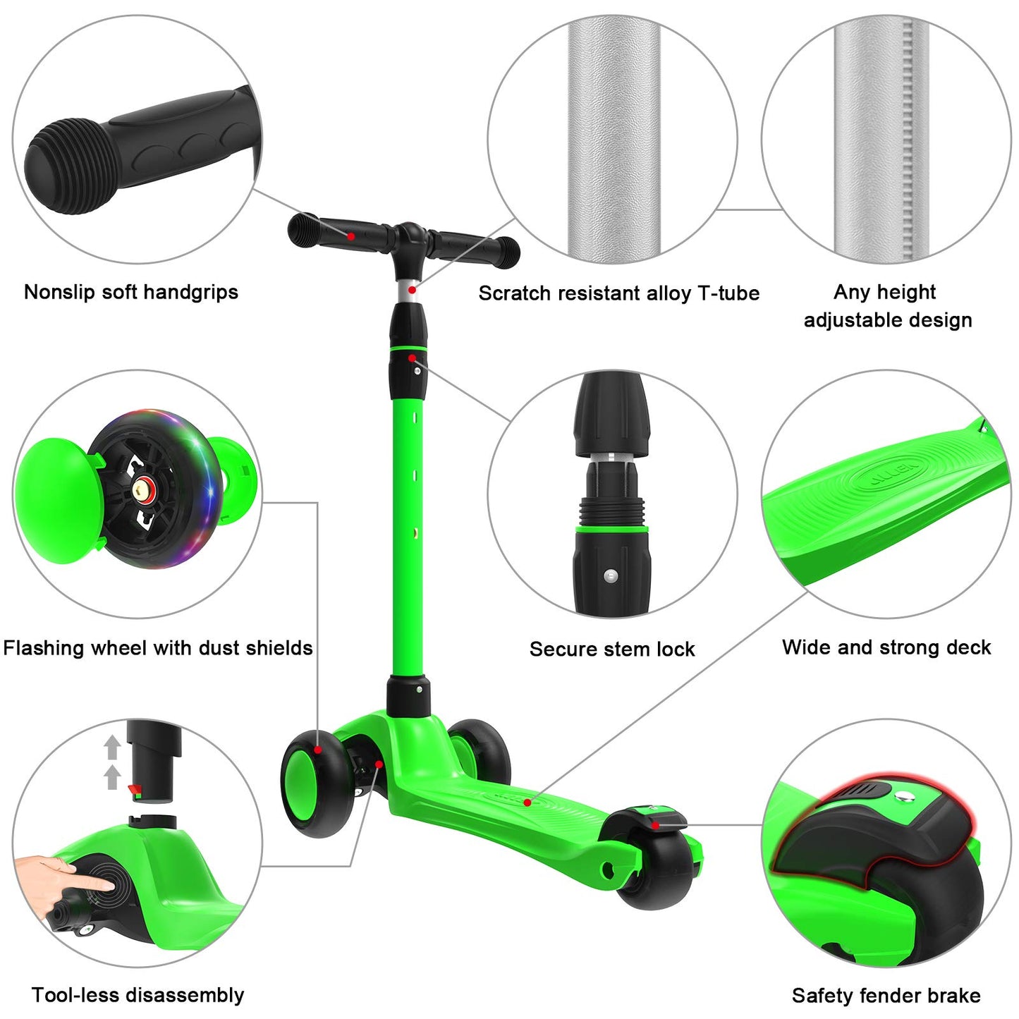 Allek Kick Scooter B03 for Kids (3-12 Years) — Style, Fun, and Safety on 3 Wheels with LED Lights, Adjustable Handlebar, and Reinforced Deck (Black)