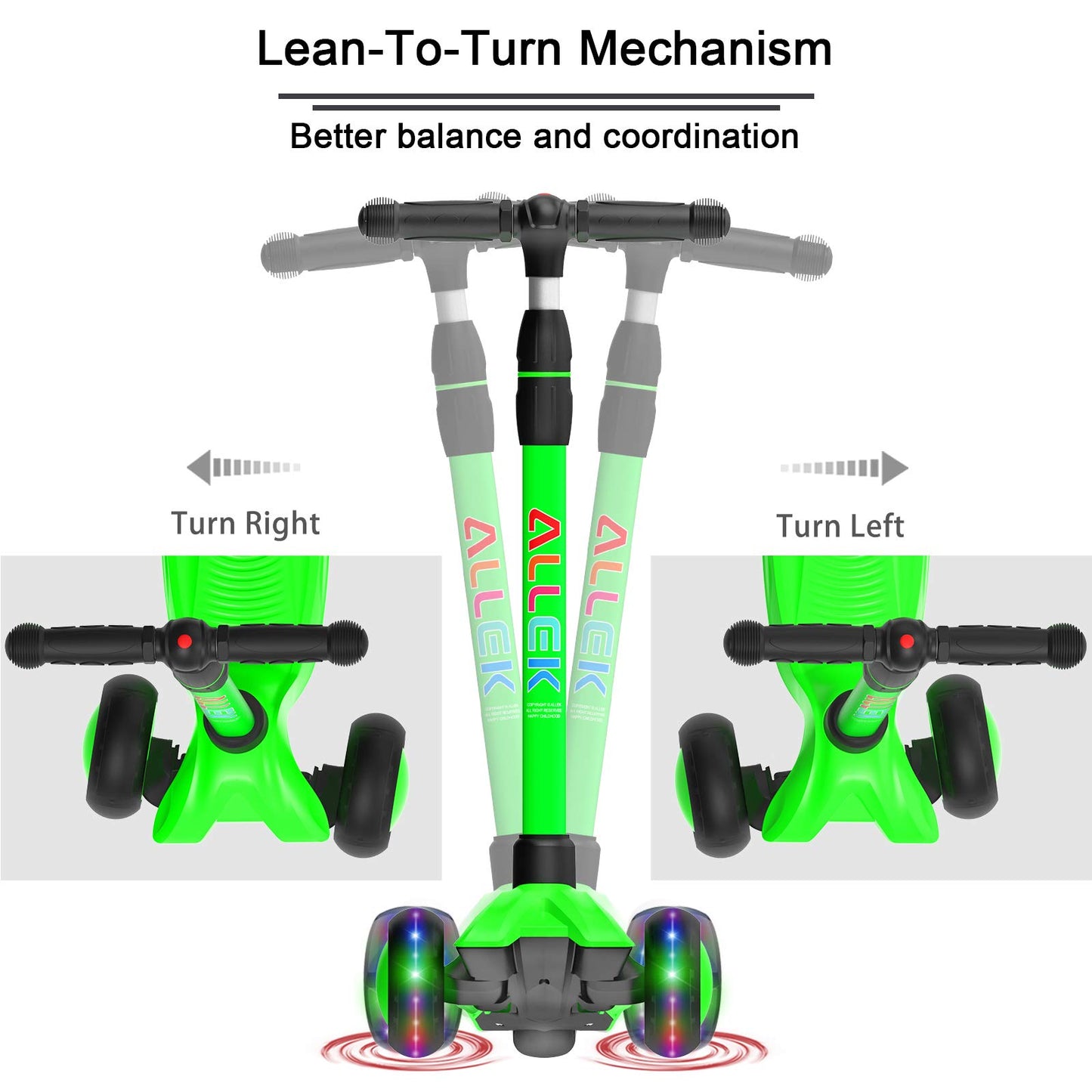 Allek Kick Scooter B03 for Kids (3-12 Years) — Style, Fun, and Safety on 3 Wheels with LED Lights, Adjustable Handlebar, and Reinforced Deck (Black)