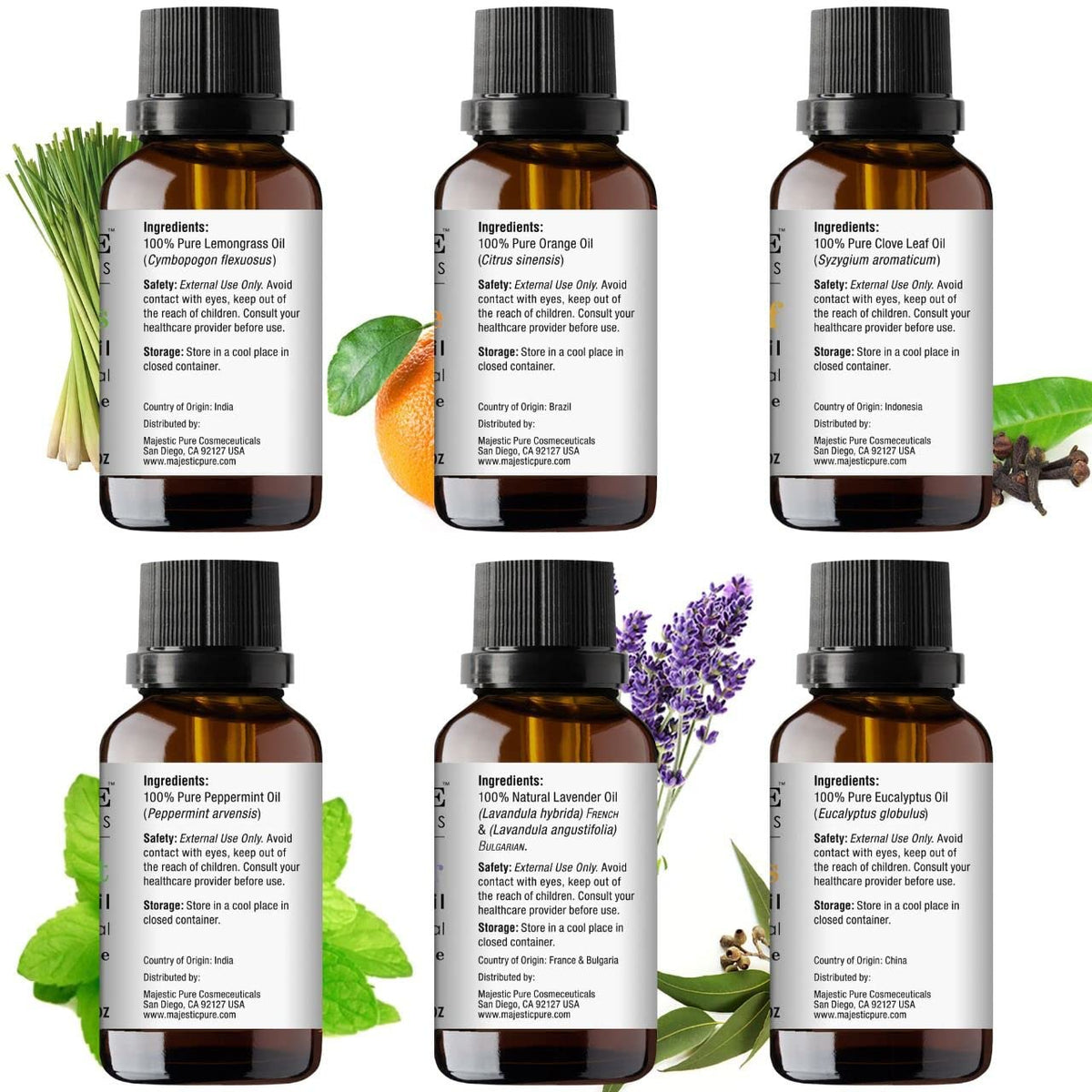 Majestic Pure 100% Pure Essential Oils Set - 6 x 10ml (Peppermint, Lavender, Eucalyptus, Tea Tree, Lemongrass) For Diffusers, Aromatherapy, Candles, Humidifiers