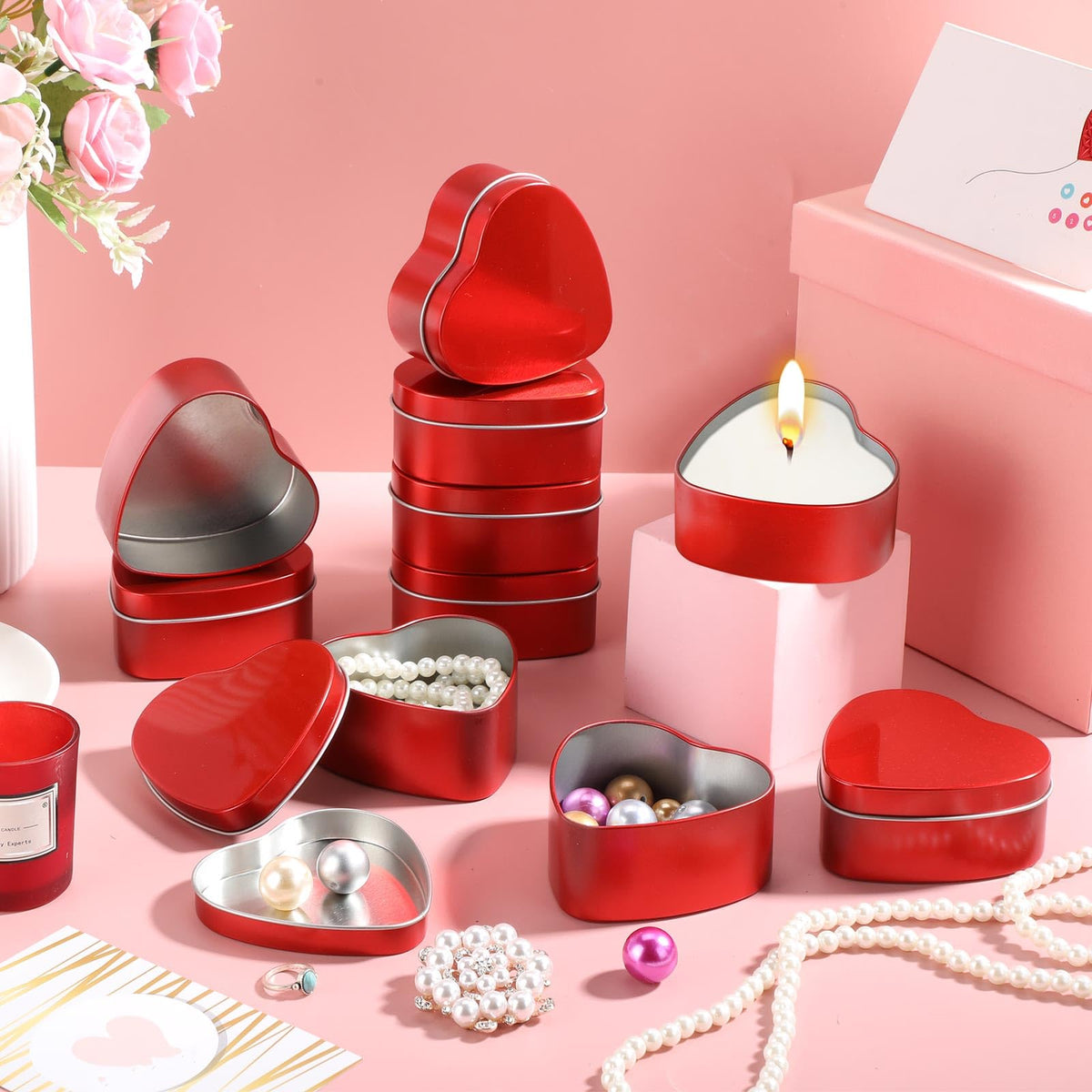 Vesici 24 Pcs 6.5 oz Heart Shaped Metal Candle Tins with Lids Valentine's Day Red Heart Empty Candle Jars Candle Containers Cans Heart Box for Making Candles Valentines Day Party Gift Supplies